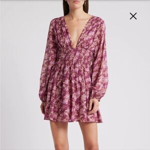 Free People Small "Keep You Smocked" Long Sleeve Mini Dress Deep Vneck Boho Chic